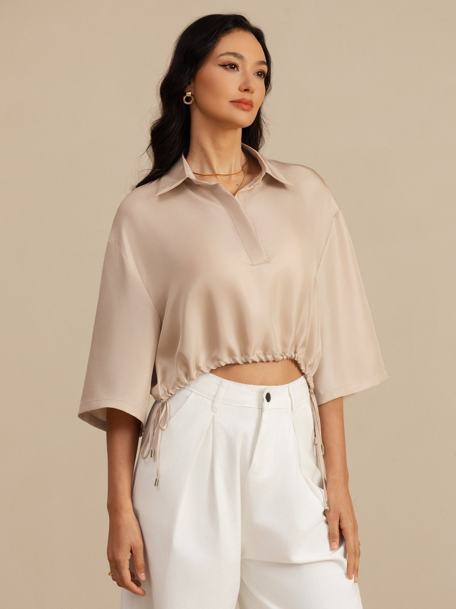 [Marrone Chiaro] SilkSilky-IT 18Momme Manga media Colletto con Revers Camicette 001