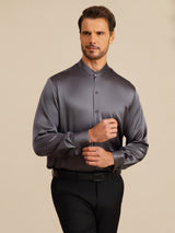 [Grigio Scuro] SilkSilky-IT Long Sleeve Stand Collar Camicia da uomo 003