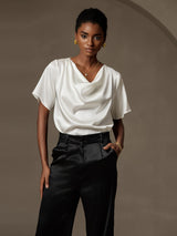[Bianco] SilkSilky-IT Short Sleeve Cowl Neck Bluse 004