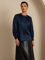 [Blu Scuro] SilkSilky-IT 19Momme Long Sleeve Round Neck Camicette 003