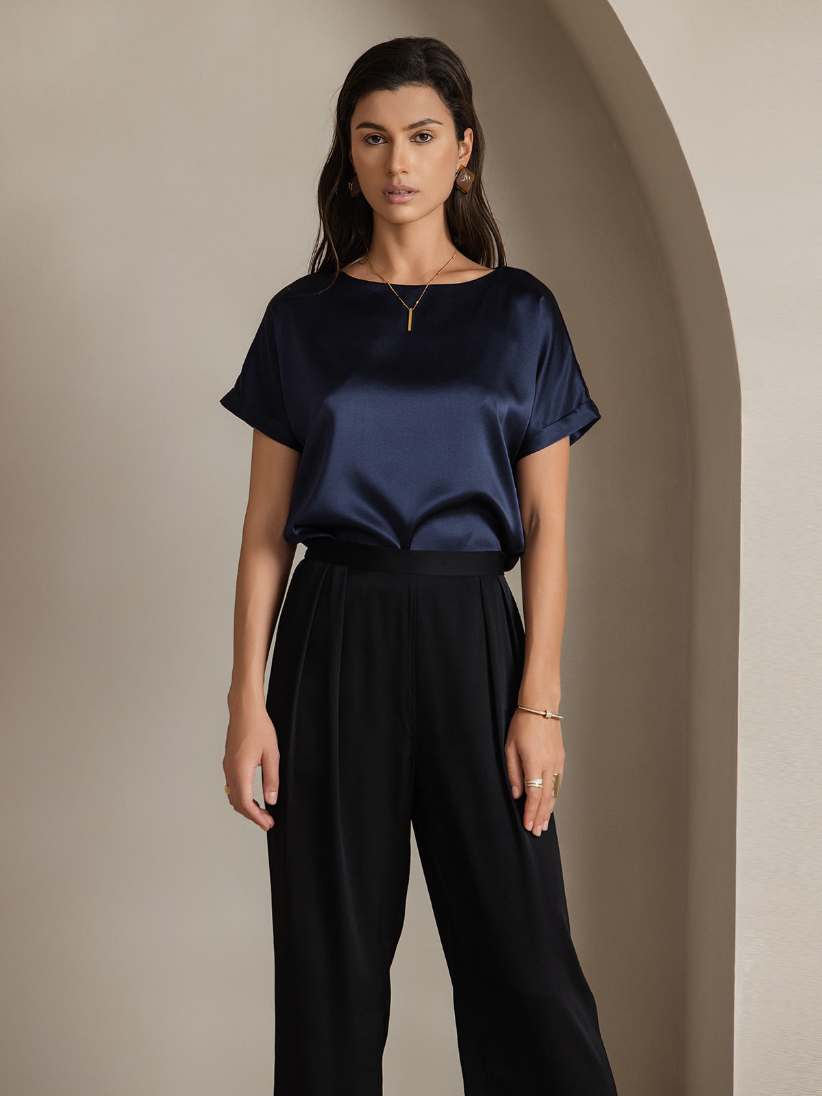 [Blu Scuro] SilkSilky-IT 19Momme Seta Womens T-Shirt 001,