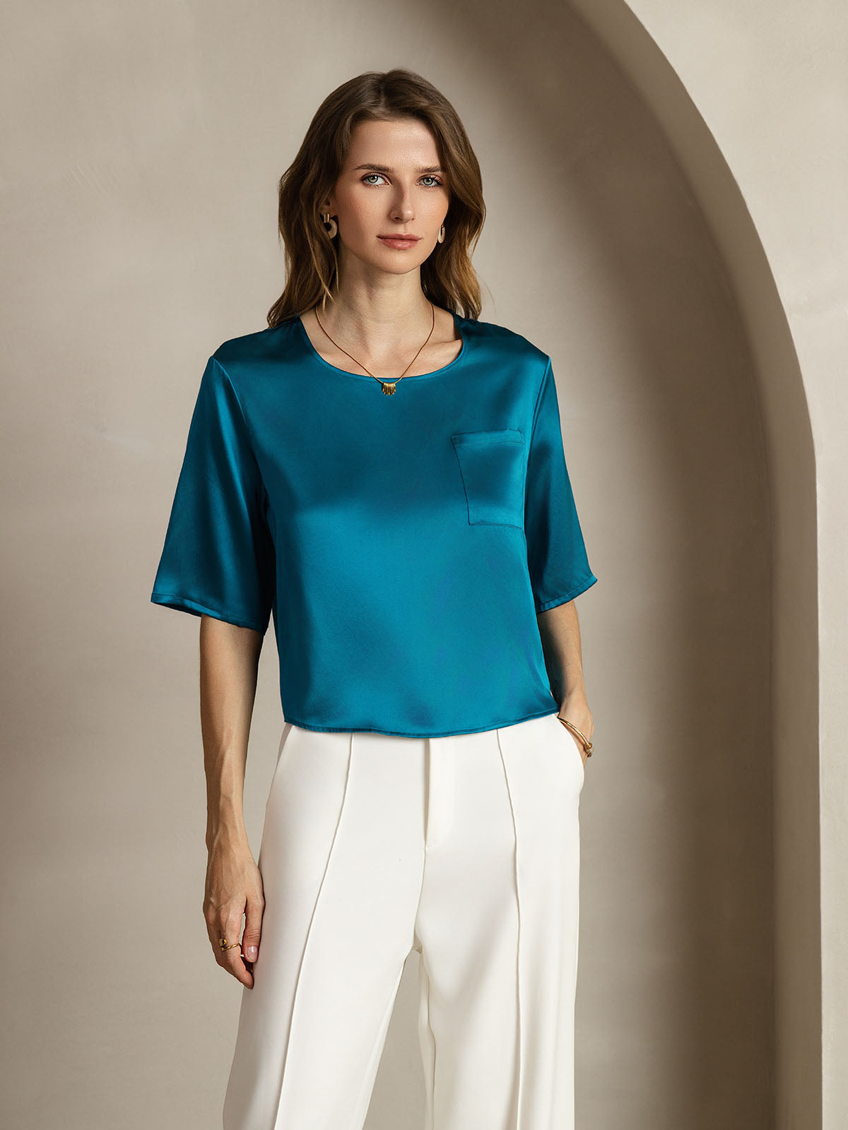 [Verde Acqua] SilkSilky-IT Manga media Scollo A Coppa Magliette donna 001