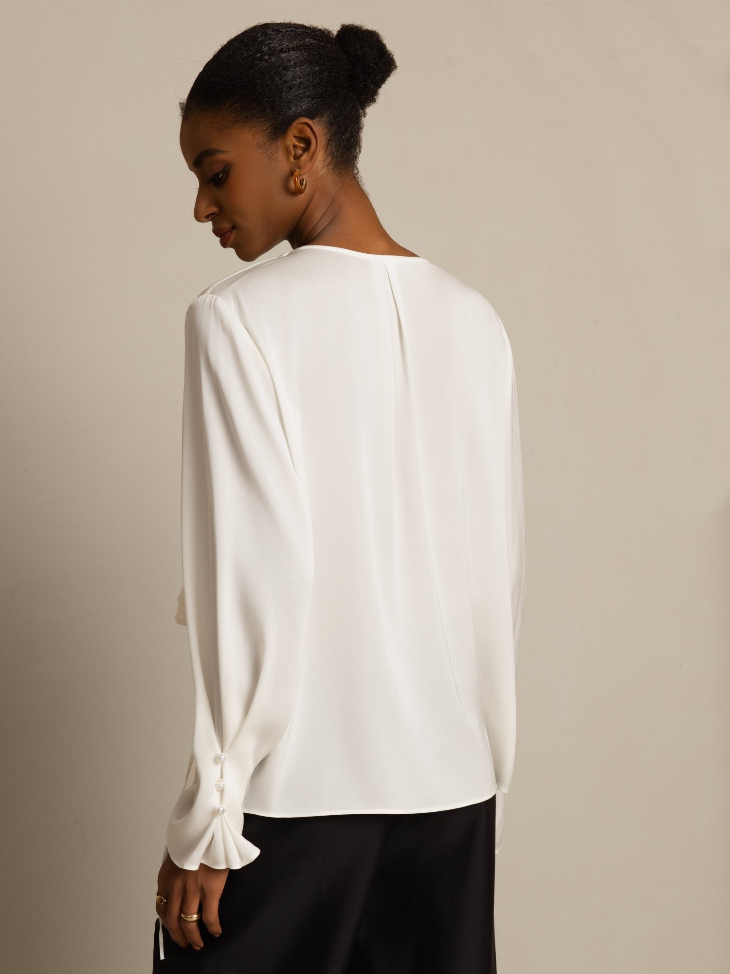 [Bianco] SilkSilky-IT 19Momme Seta Manica lunga Scollo a V Camicette 002