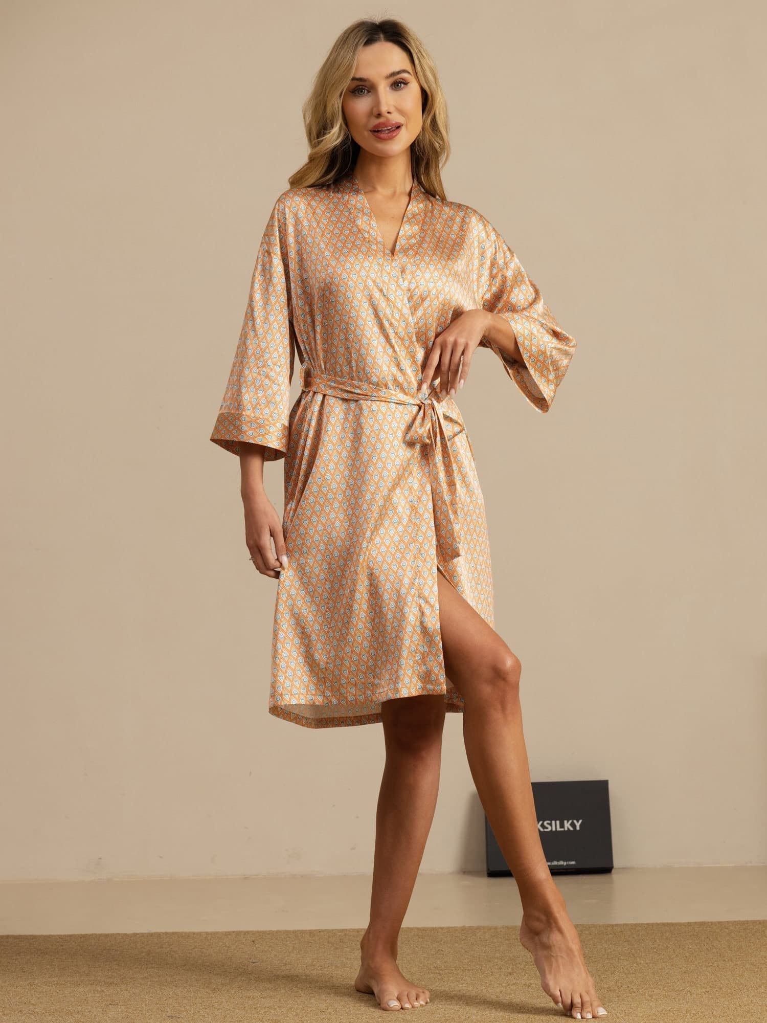 [Giallo Cuore Geo] SilkSilky-IT A tre quarti Vestaglia da donna 006