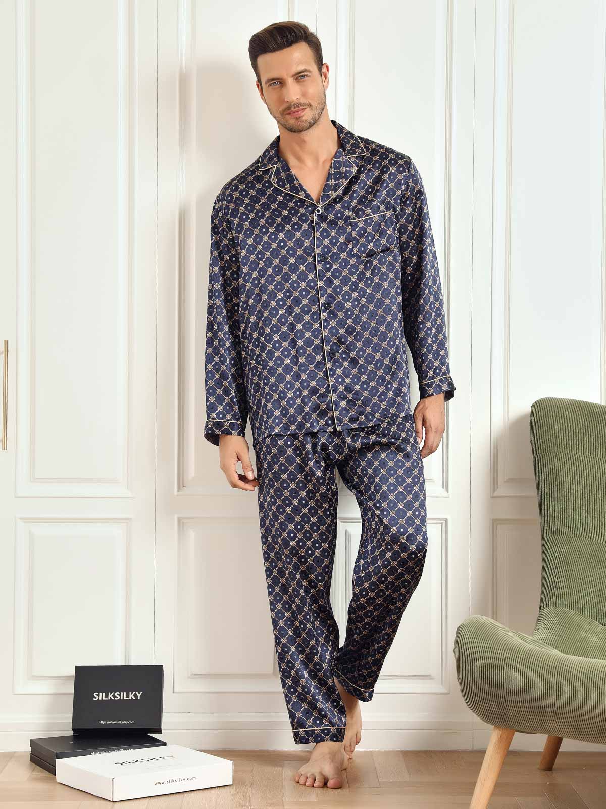 [Catena Blu Navy] SilkSilky-IT Long Sleeve Lapel Collar Pigiami da uomo 002