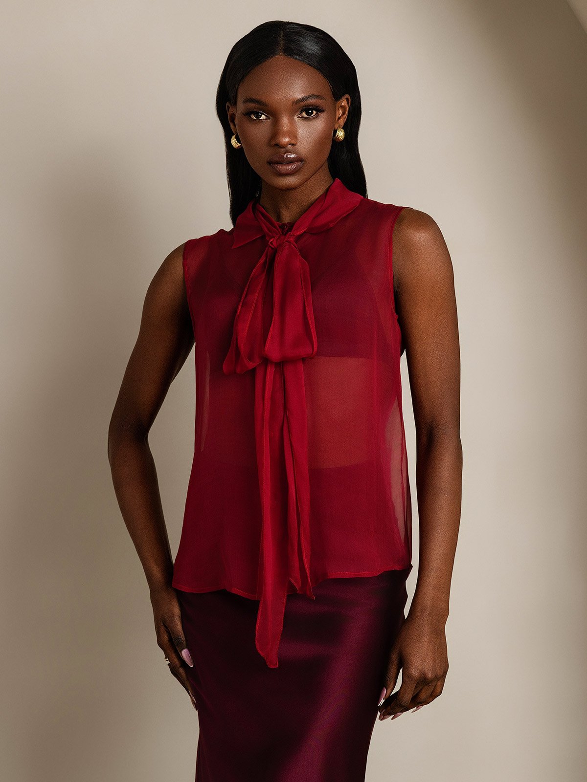 SilkSilky-IT Seta pura Senza maniche Nodo al collo Camicie da donna Vino 005