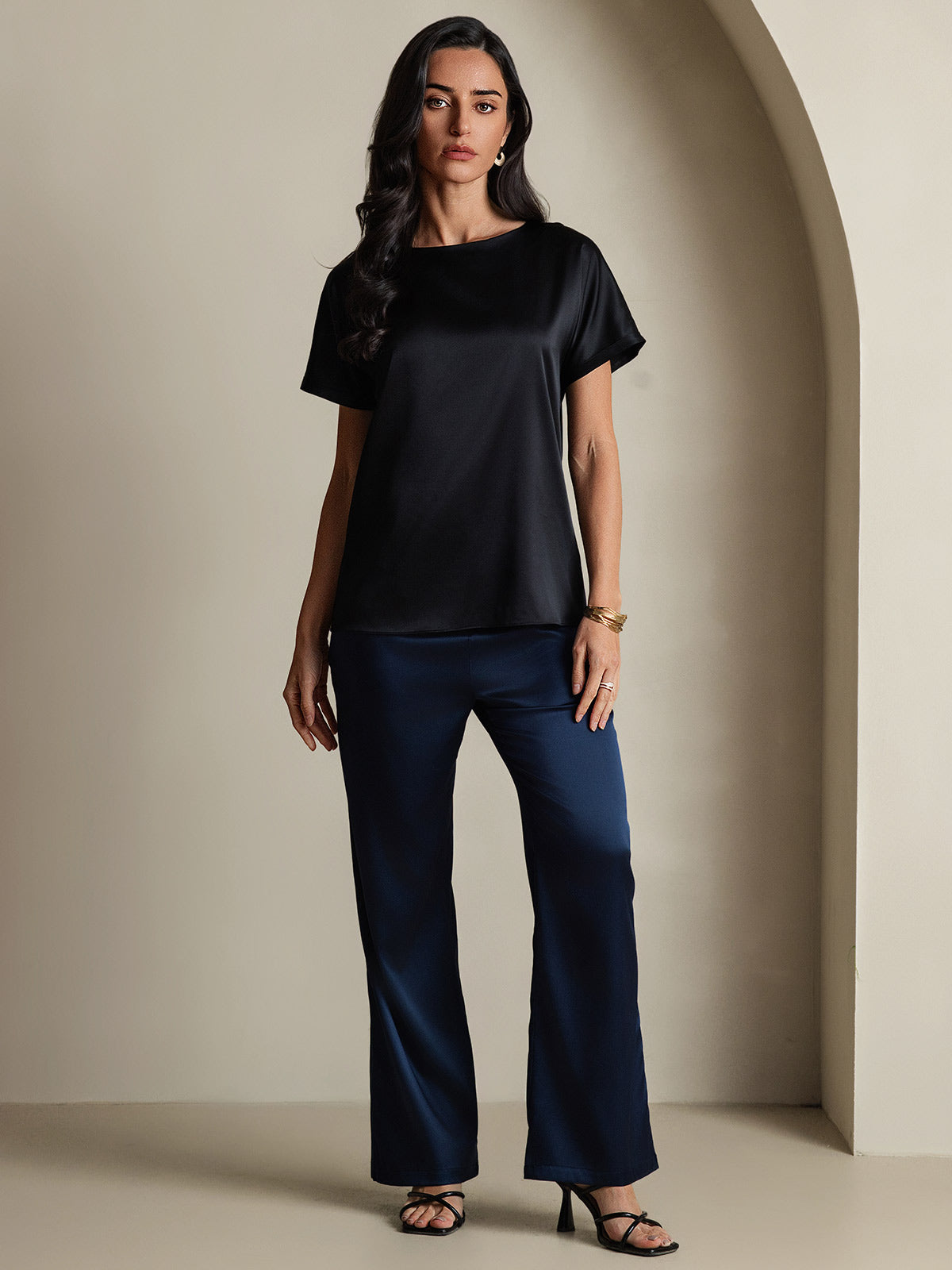 [Nero] SilkSilky-IT 19Momme Seta Maniche Corte Womens T-Shirt 006