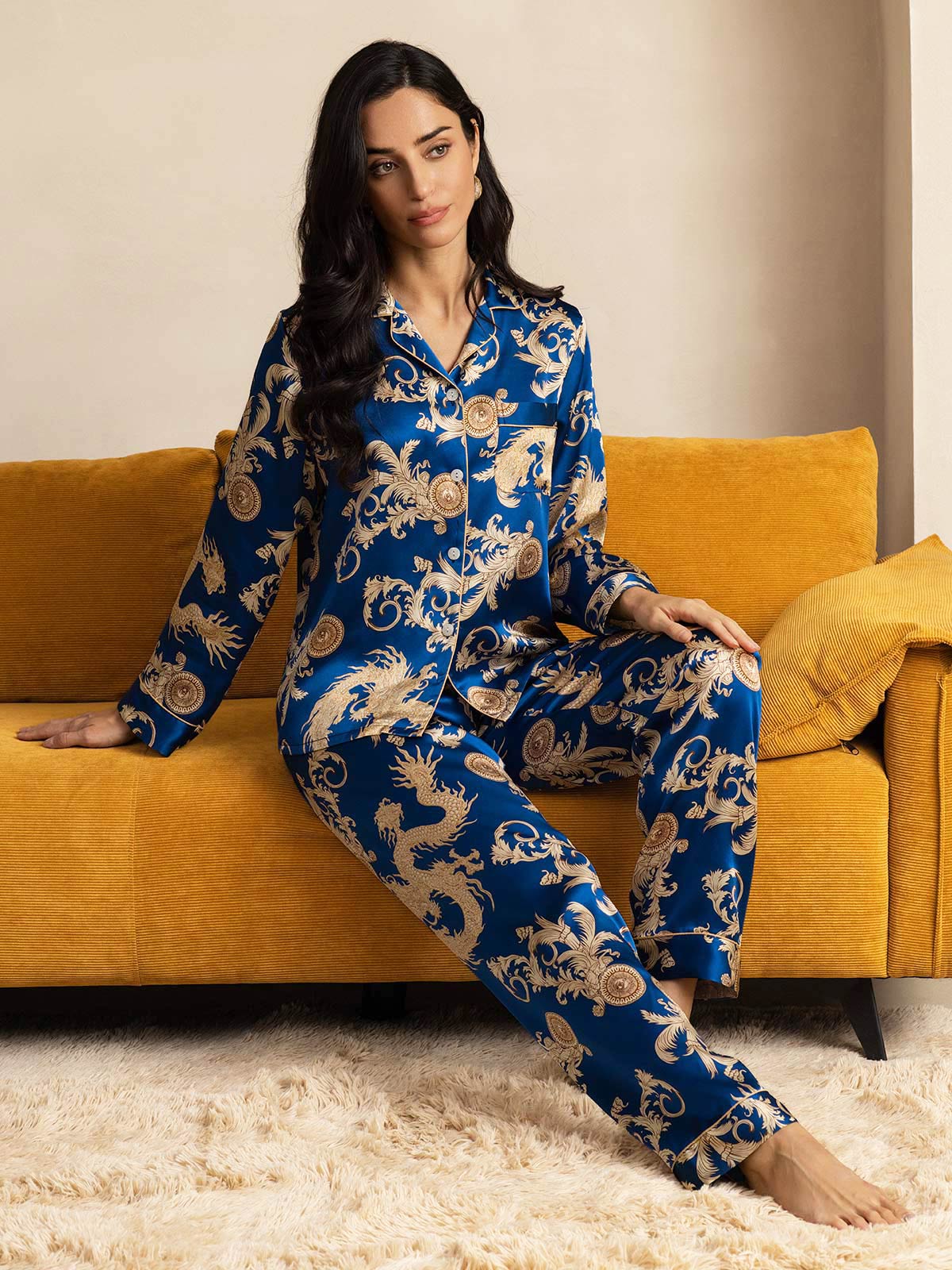 [Drago Navy] SilkSilky-IT Seta pura Womens Pajamas 008