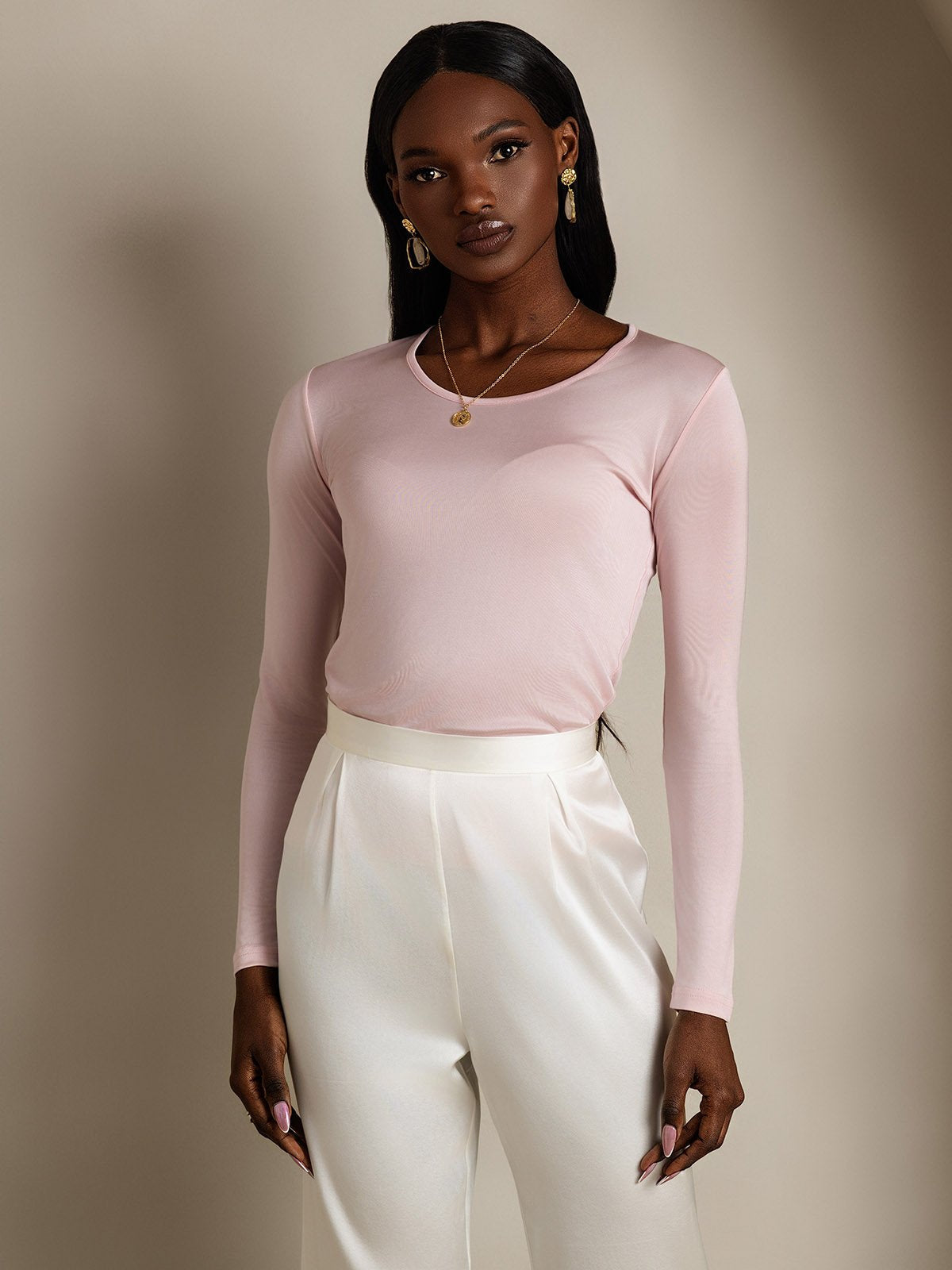 [Rosa Corallo] SilkSilky-IT Manica lunga Scollo rotondo Magliette donna 003