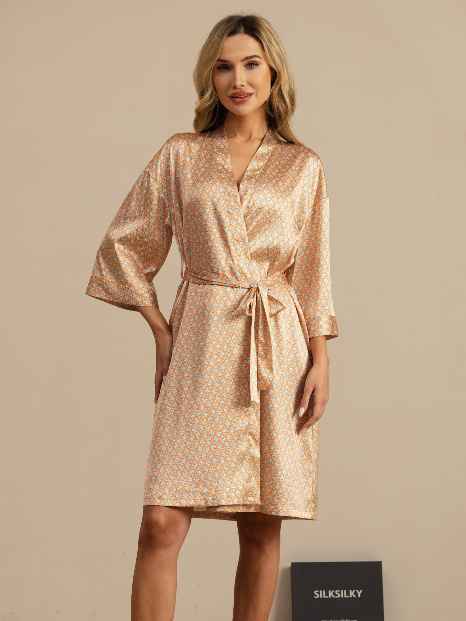 [Giallo Cuore Geo] SilkSilky-IT A tre quarti Vestaglia da donna 003