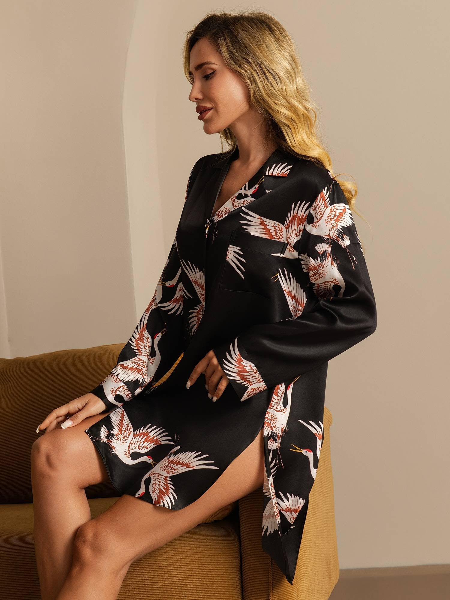 [Nero] SilkSilky-IT 19Momme Seta pura Colletto risvolto Camicia da notte 007,