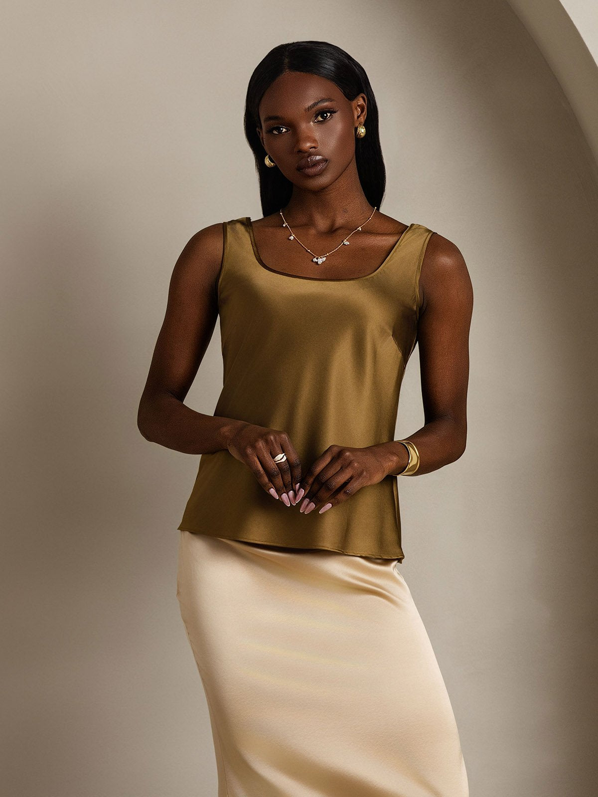 [Marrone] SilkSilky-IT 19Momme Seta Collo a U Cami 006