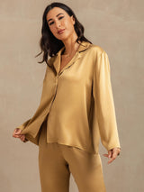 [Marrone Chiaro] SilkSilky-IT 19Momme Manica lunga Collo a Taglio Pigiami da donna 008