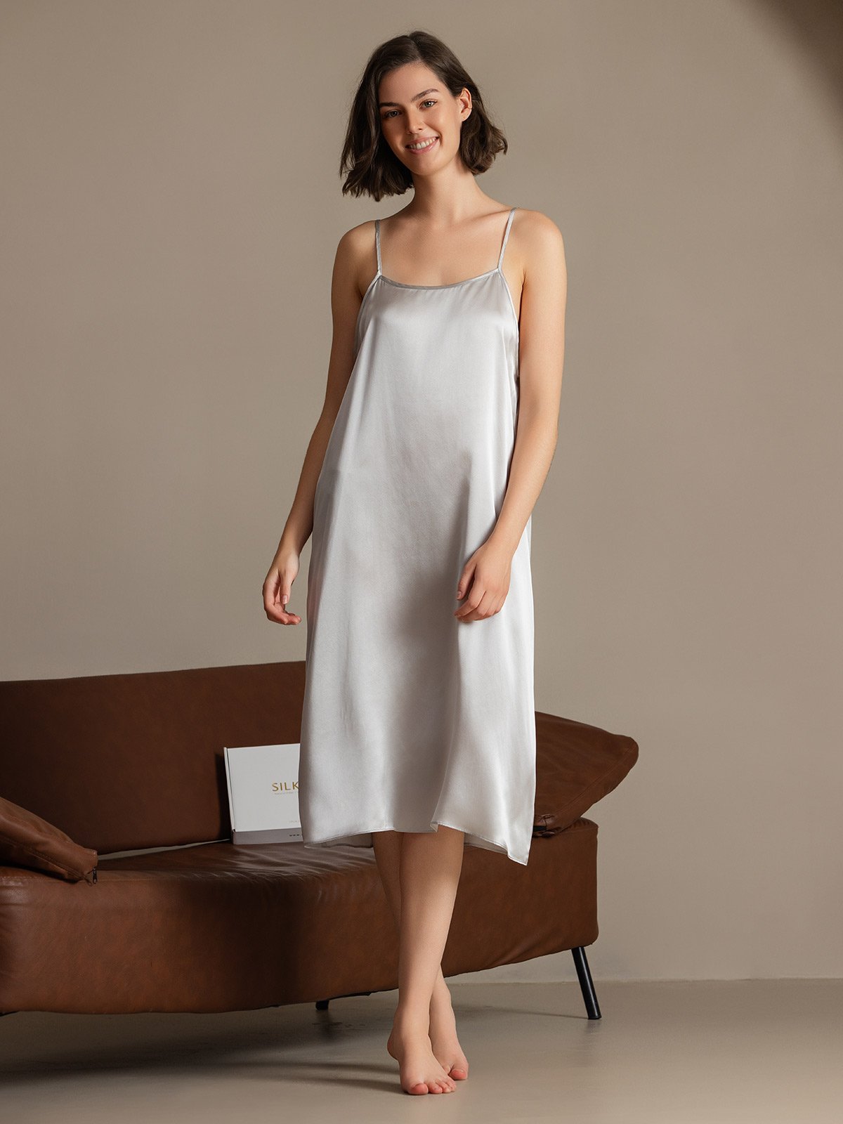 [Grigio Chiaro] SilkSilky-IT 19Momme Seta Senza maniche Dress 004