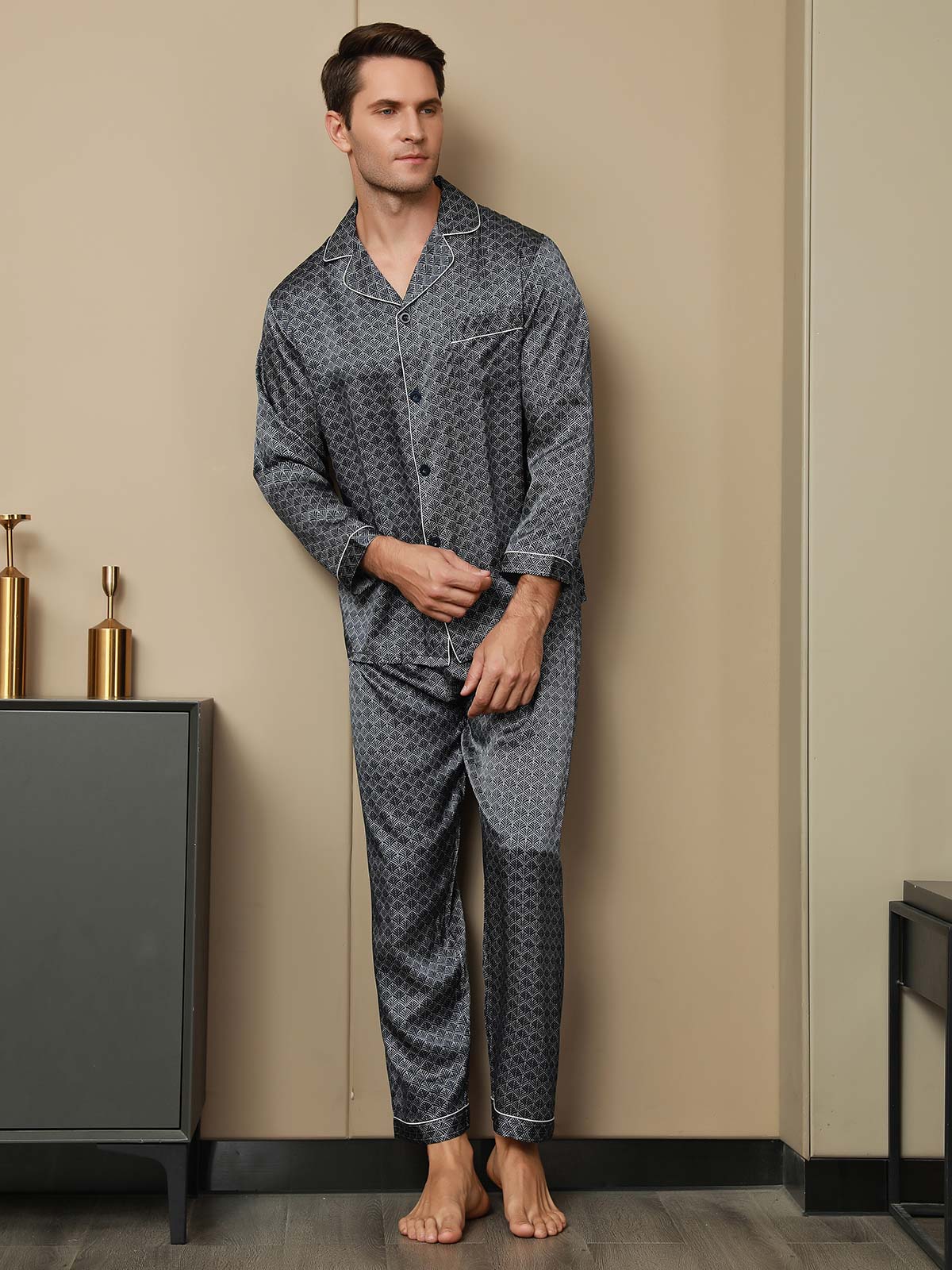 [Ginkgo Blu Navy] SilkSilky-IT 19Momme Seta pura Mens Pajamas 004