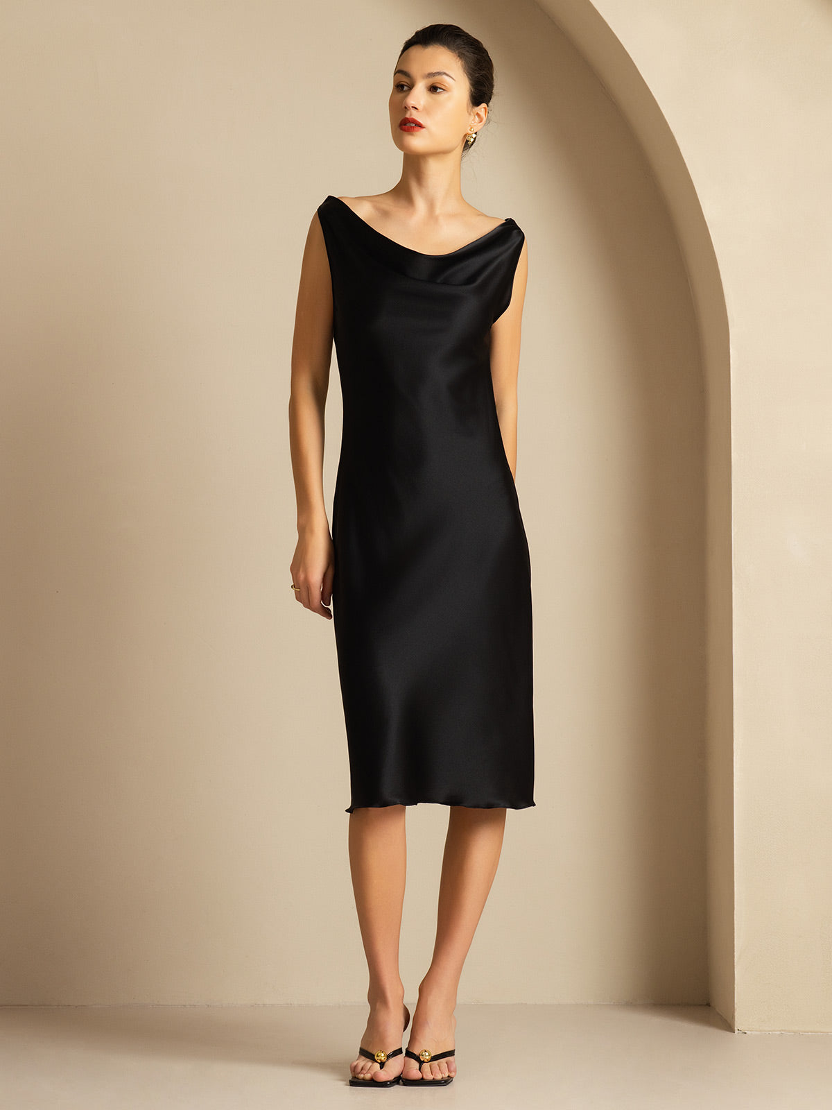 [Nero] SilkSilky-IT 19Momme Seta Collo drappeggiato Vestiti da donna 005