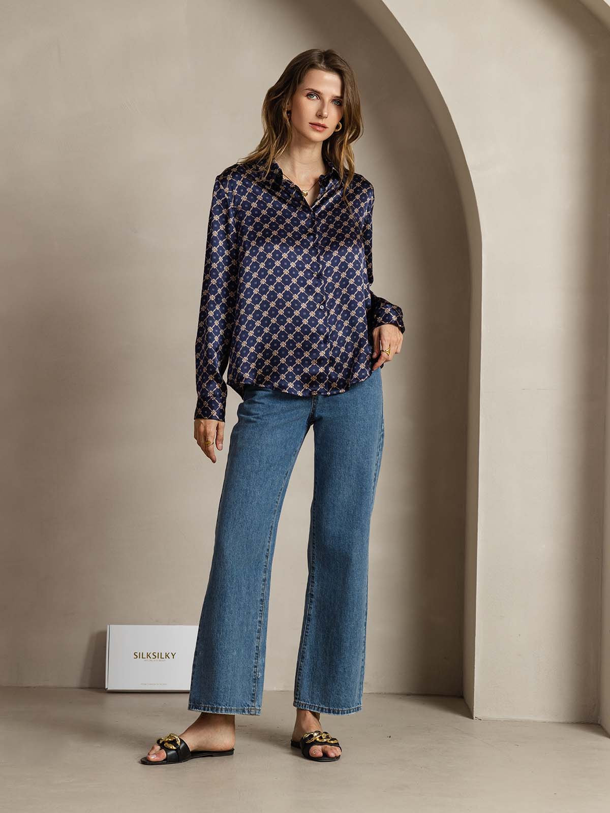 [Catena Blu Navy] SilkSilky-IT Seta Colletto risvolto Camicie da donna 003