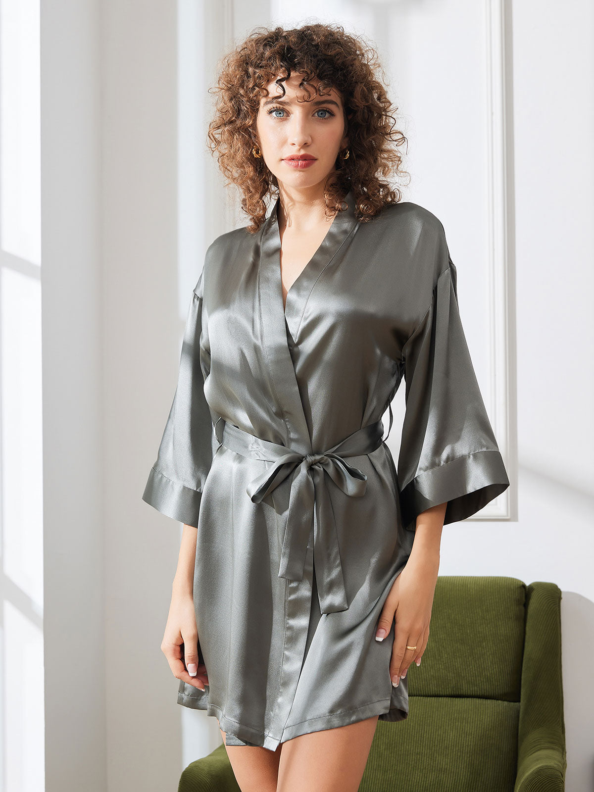 [Verde Grigiastro] SilkSilky-IT A metà Womens Robe 004
