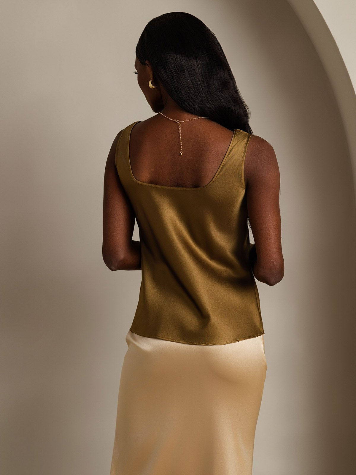 [Marrone] SilkSilky-IT 19Momme Seta Collo a U Cami 002