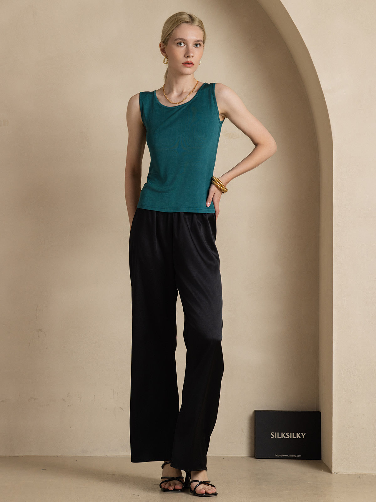 [Verde Scuro] SilkSilky-IT Maglia di seta Senza maniche Round Neck Magliette donna 005