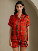 [Quadri Rossi] SilkSilky-IT Short Sleeve Notch Collar Pigiami da donna 001
