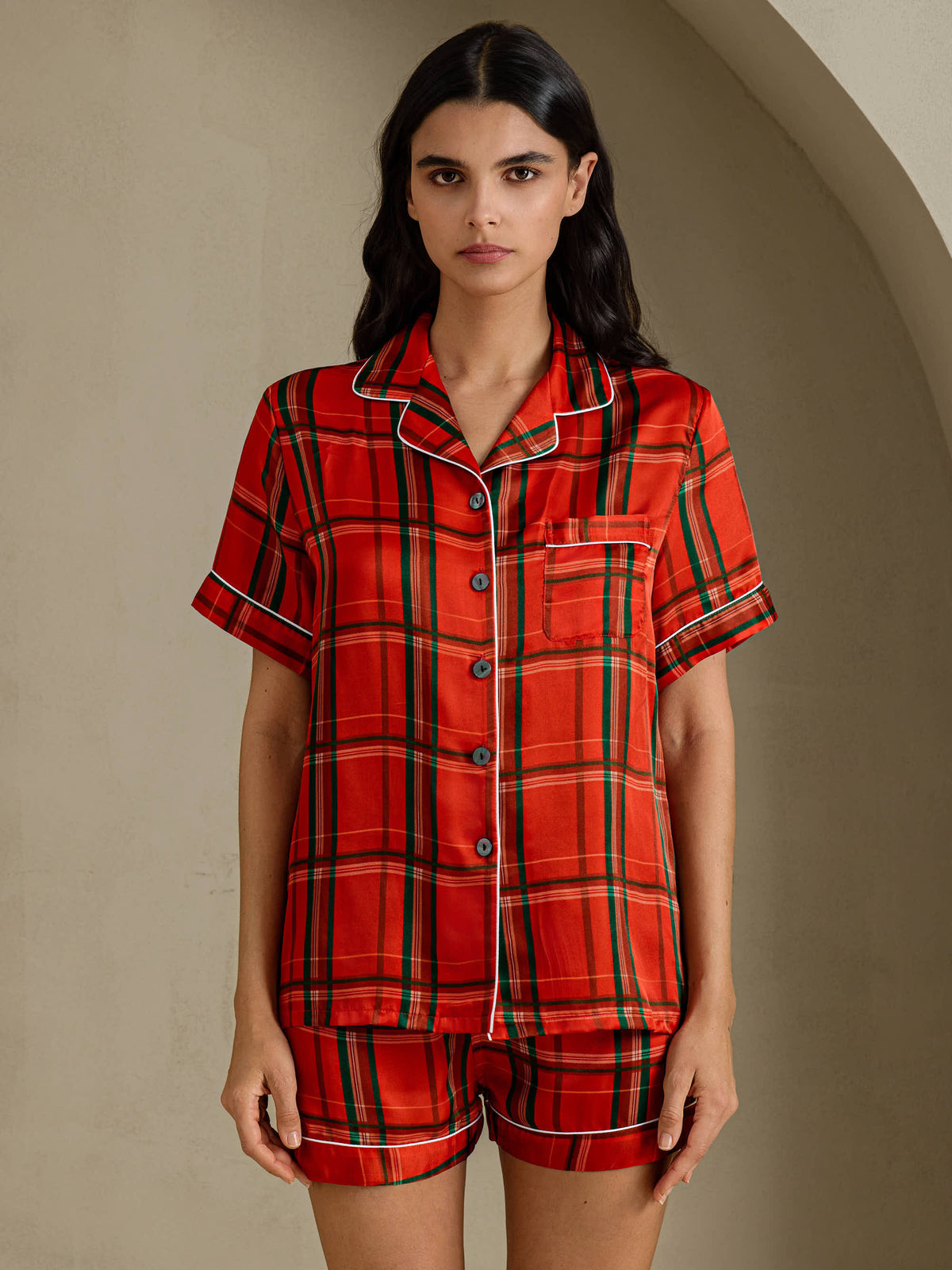 [Quadri Rossi] SilkSilky-IT Short Sleeve Notch Collar Pigiami da donna 001
