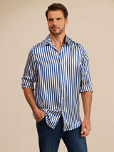 [Righe Navy] SilkSilky-IT 19Momme Manica lunga Colletto con Revers Camicia da uomo 005
