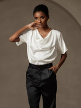 [Bianco] SilkSilky-IT Short Sleeve Cowl Neck Bluse 005