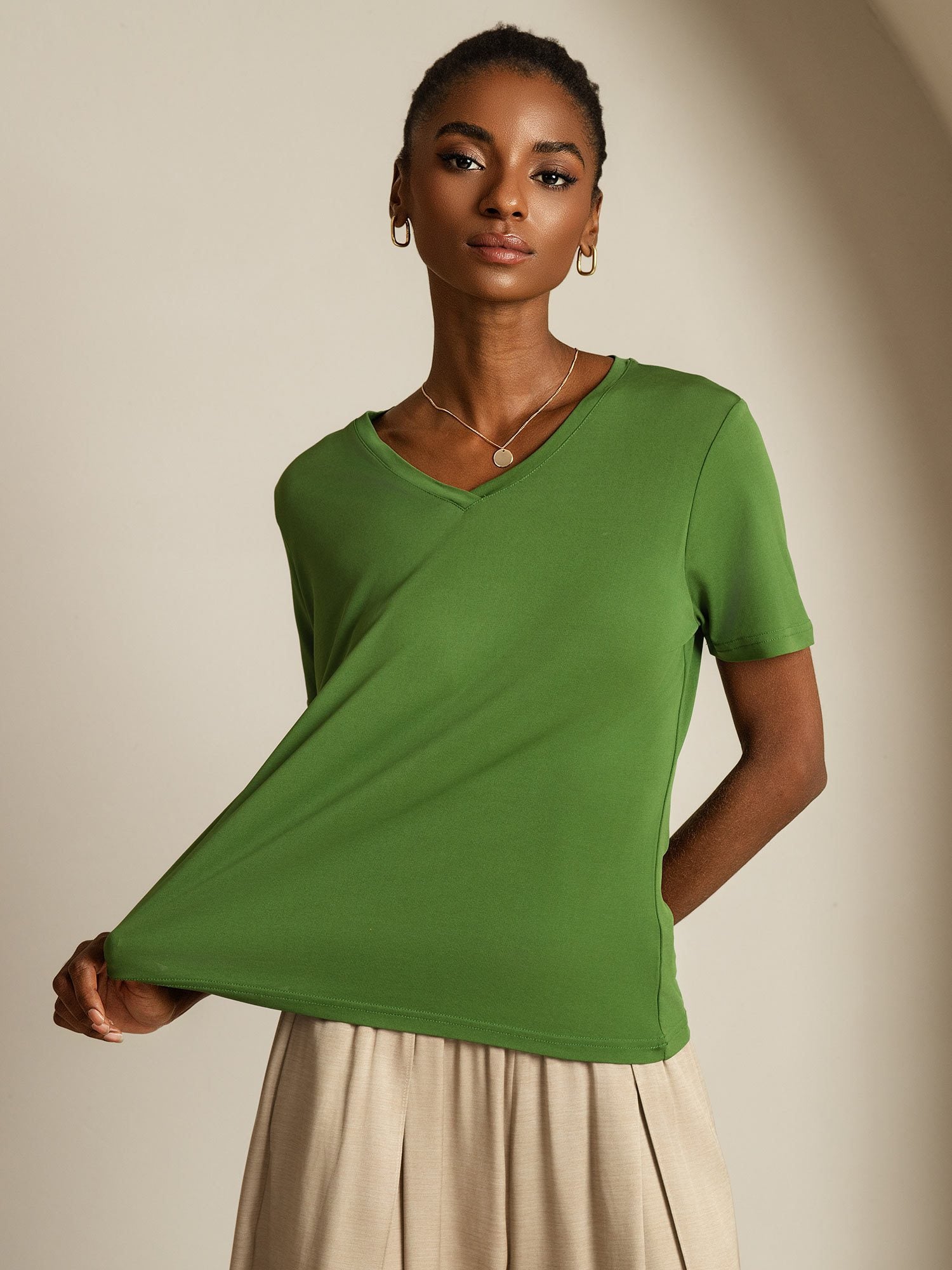[Verde] SilkSilky-IT Seta pura Womens T-Shirt 006