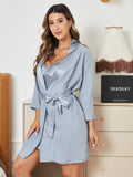 SilkSilky IT Seta pura Manica lunga Nightgown&Robe Set BluAcciaio 004