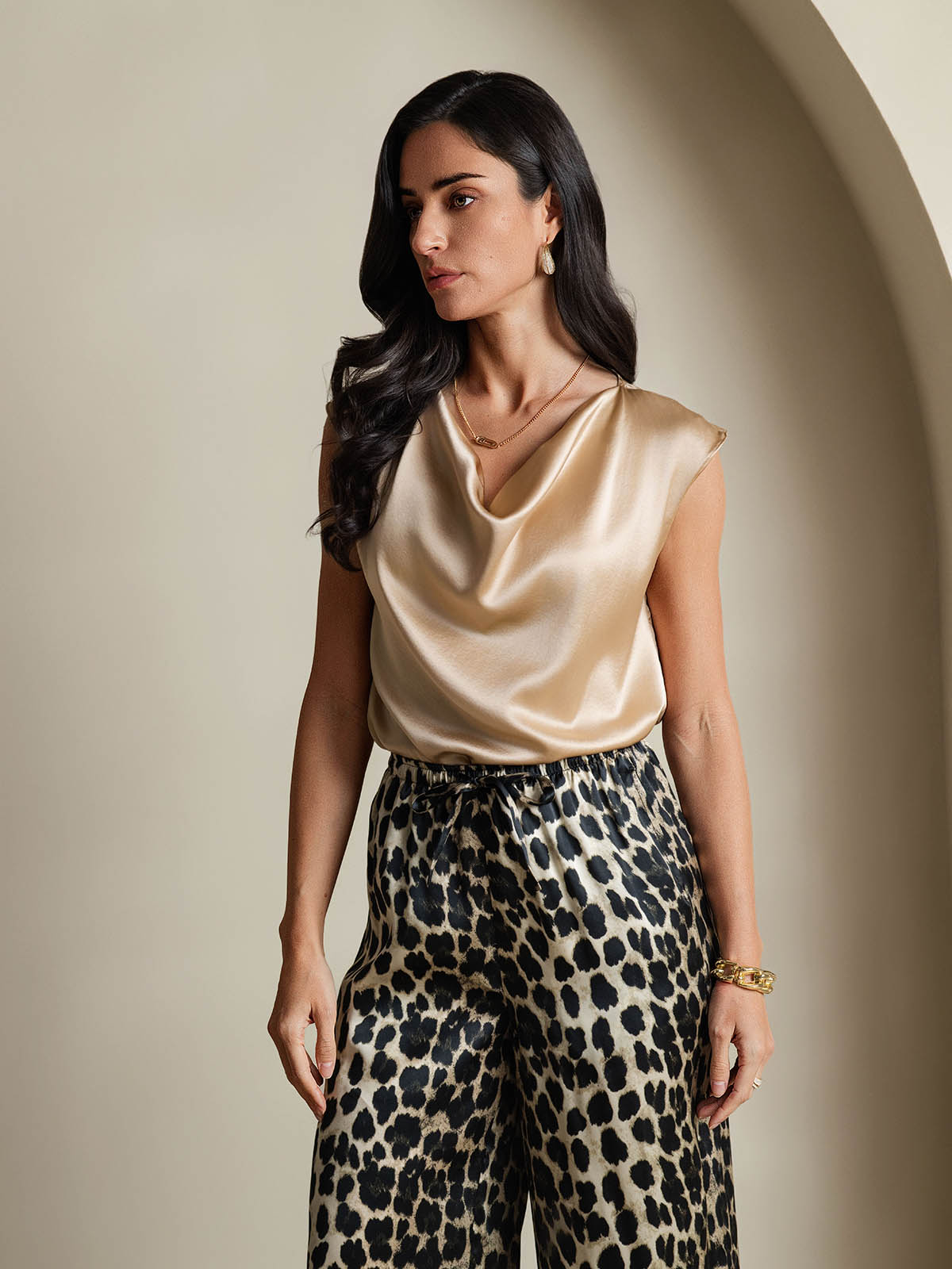 [Champagne] SilkSilky-IT 19Momme Seta Senza maniche Collo drappeggiato Magliette donna 005