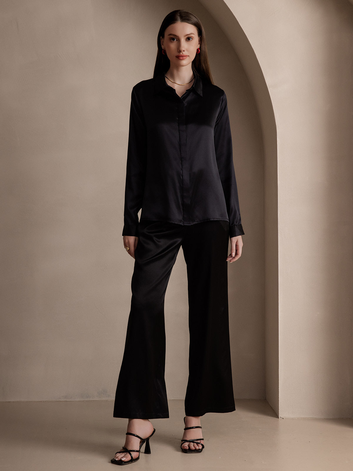 [Nero] SilkSilky-IT 19Momme Seta Lapel Collar Camicie da donna 006