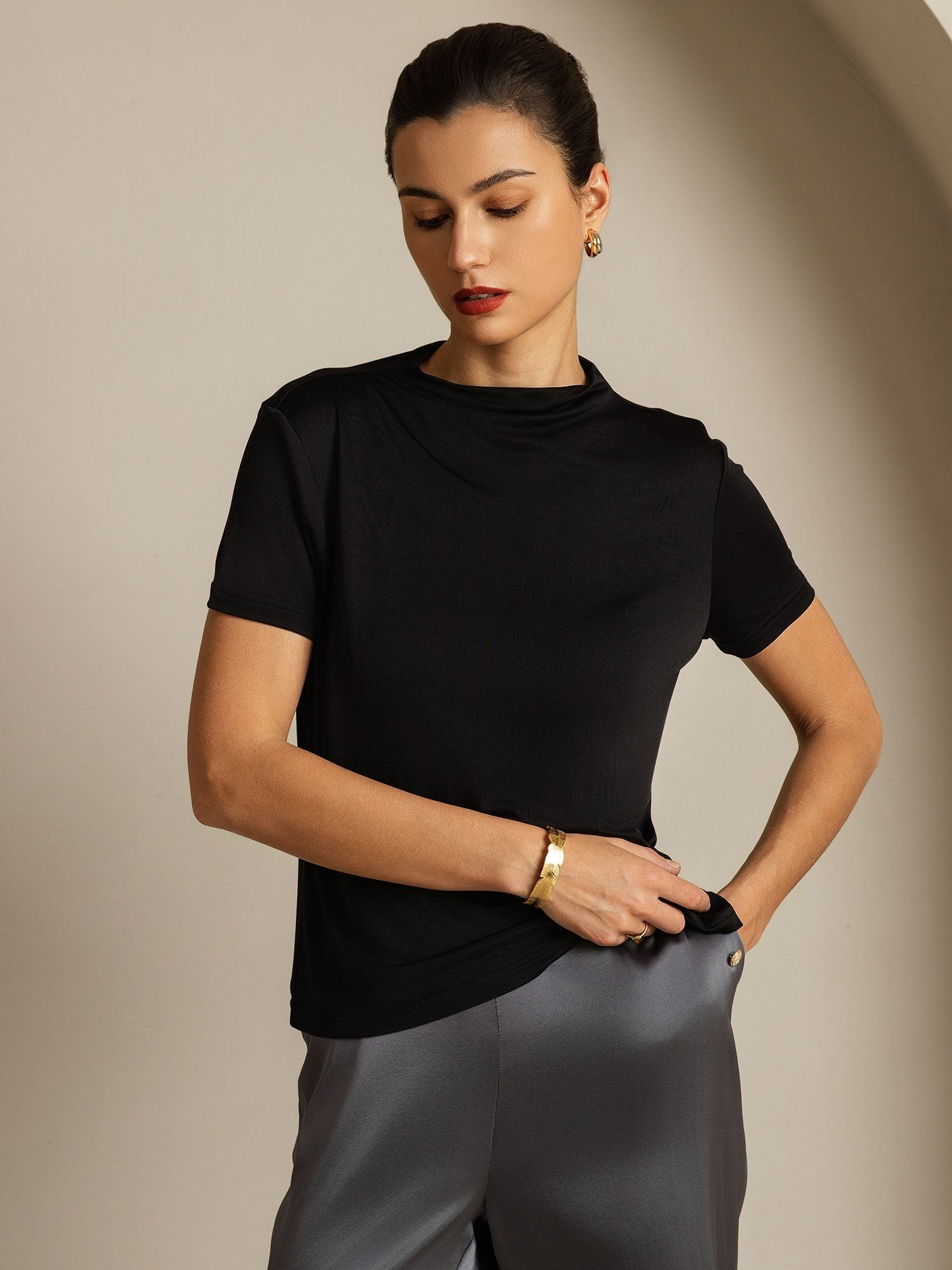 [Nero] SilkSilky-IT Seta pura Colletto risvolto Magliette donna 006