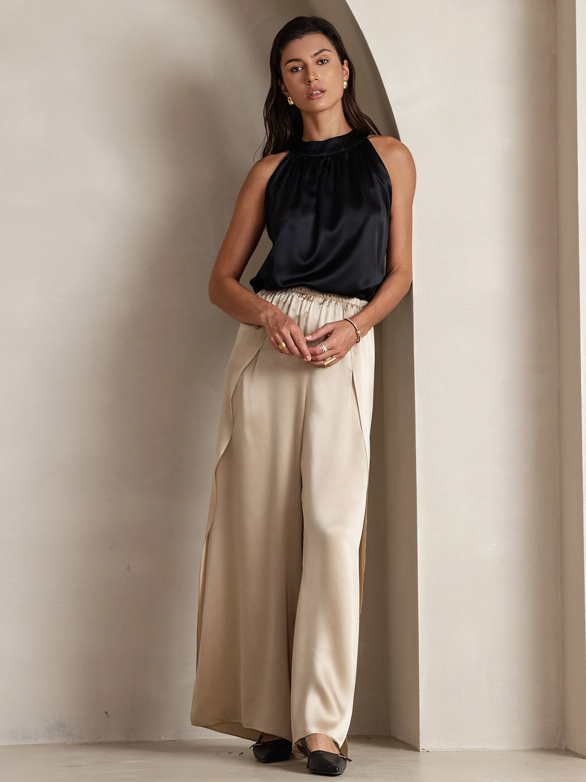 [Nero] SilkSilky-IT 19Momme Seta Senza maniche Womens T-Shirt 004