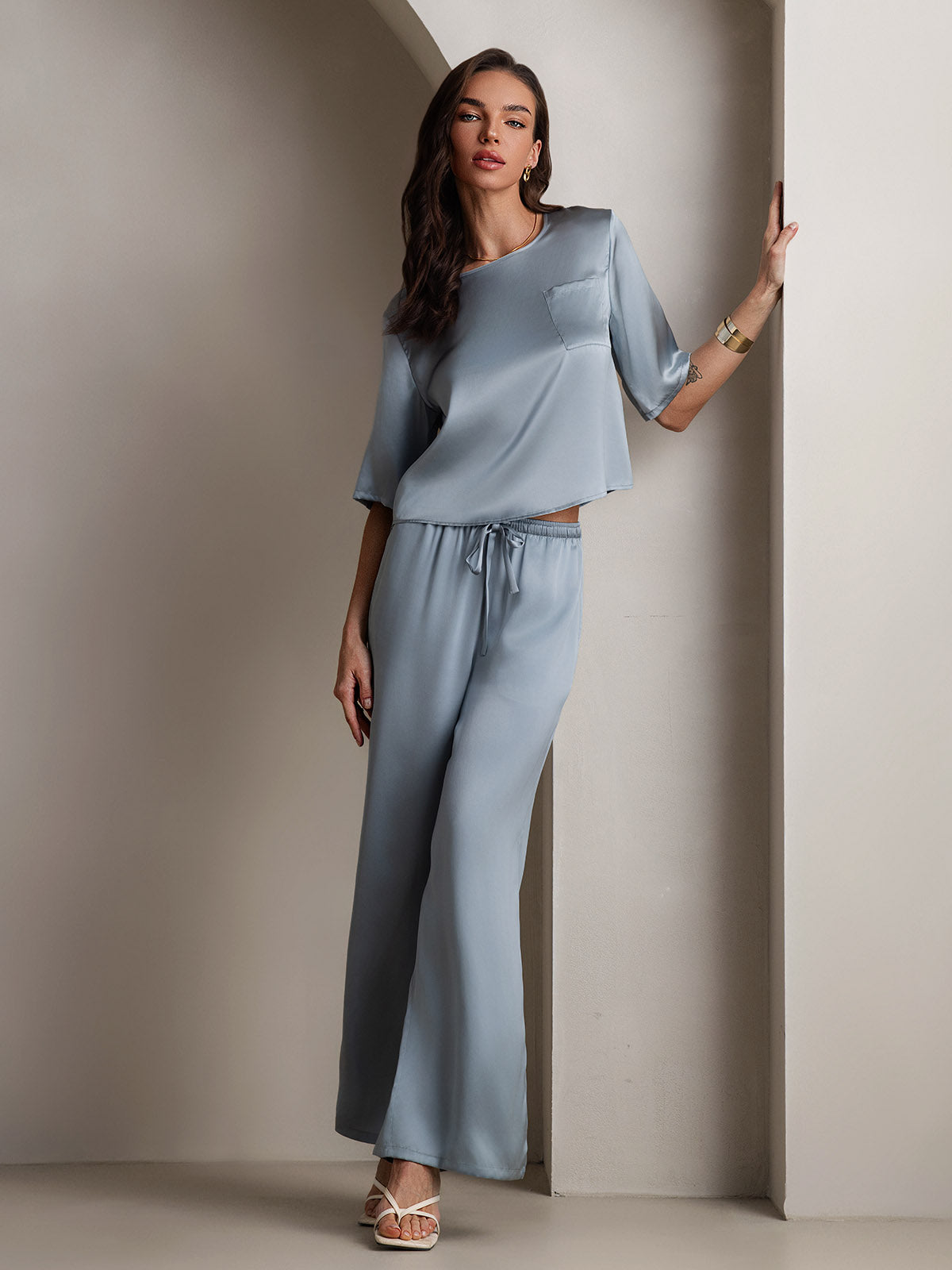 [Blu Grigiastro] SilkSilky-IT Seta pura Womens Pajamas 001