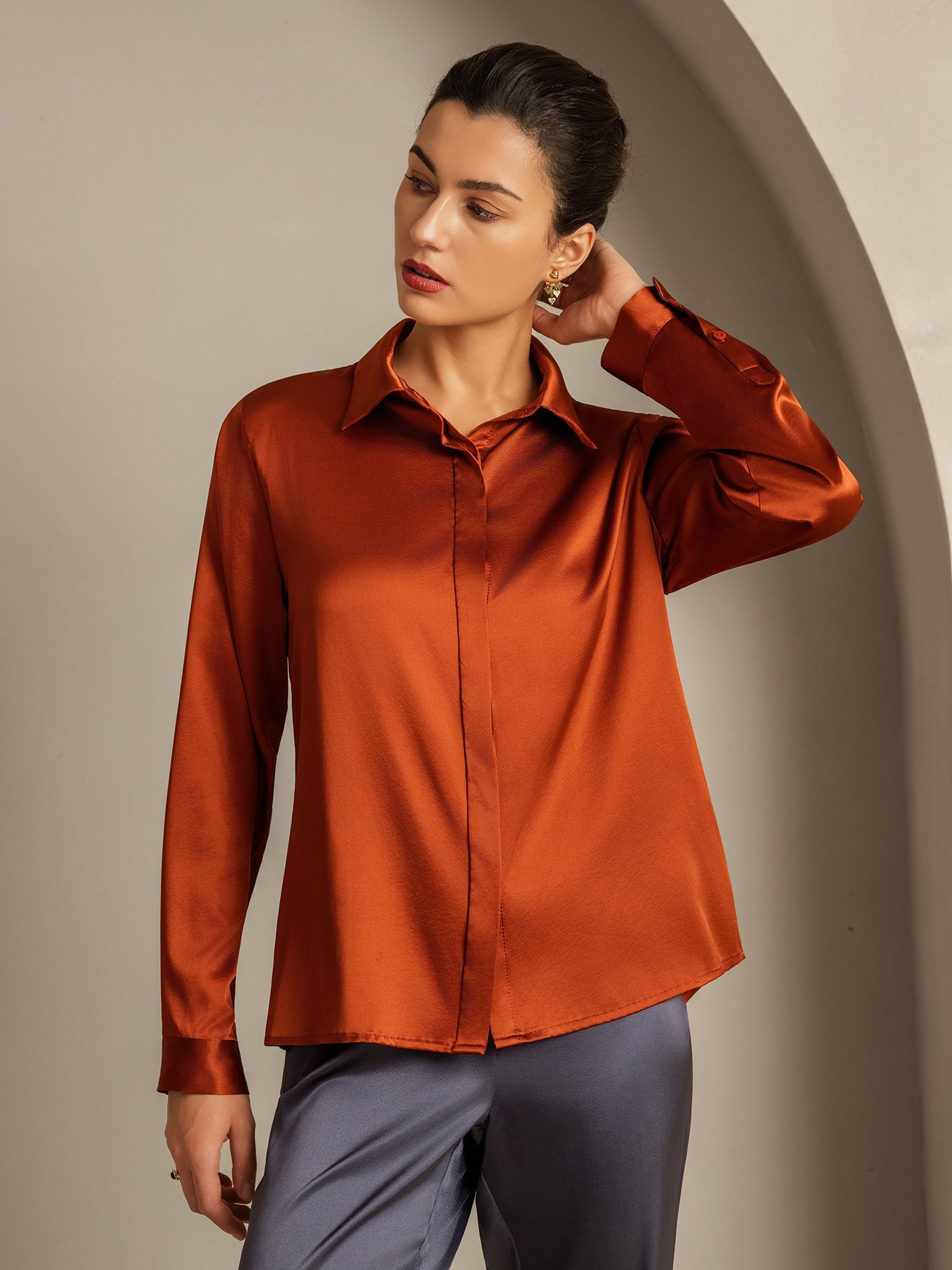 [Caramello] SilkSilky-IT 19Momme Manica lunga Colletto con Revers Camicie da donna 004