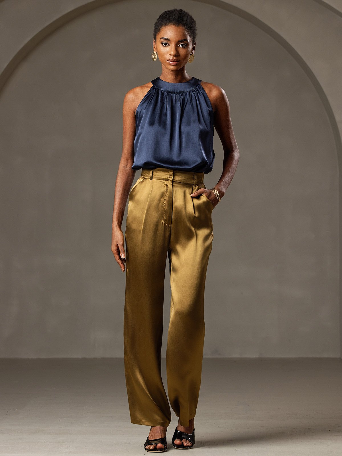 [Blu Scuro] SilkSilky-IT 19Momme Seta Senza maniche Womens T-Shirt 007