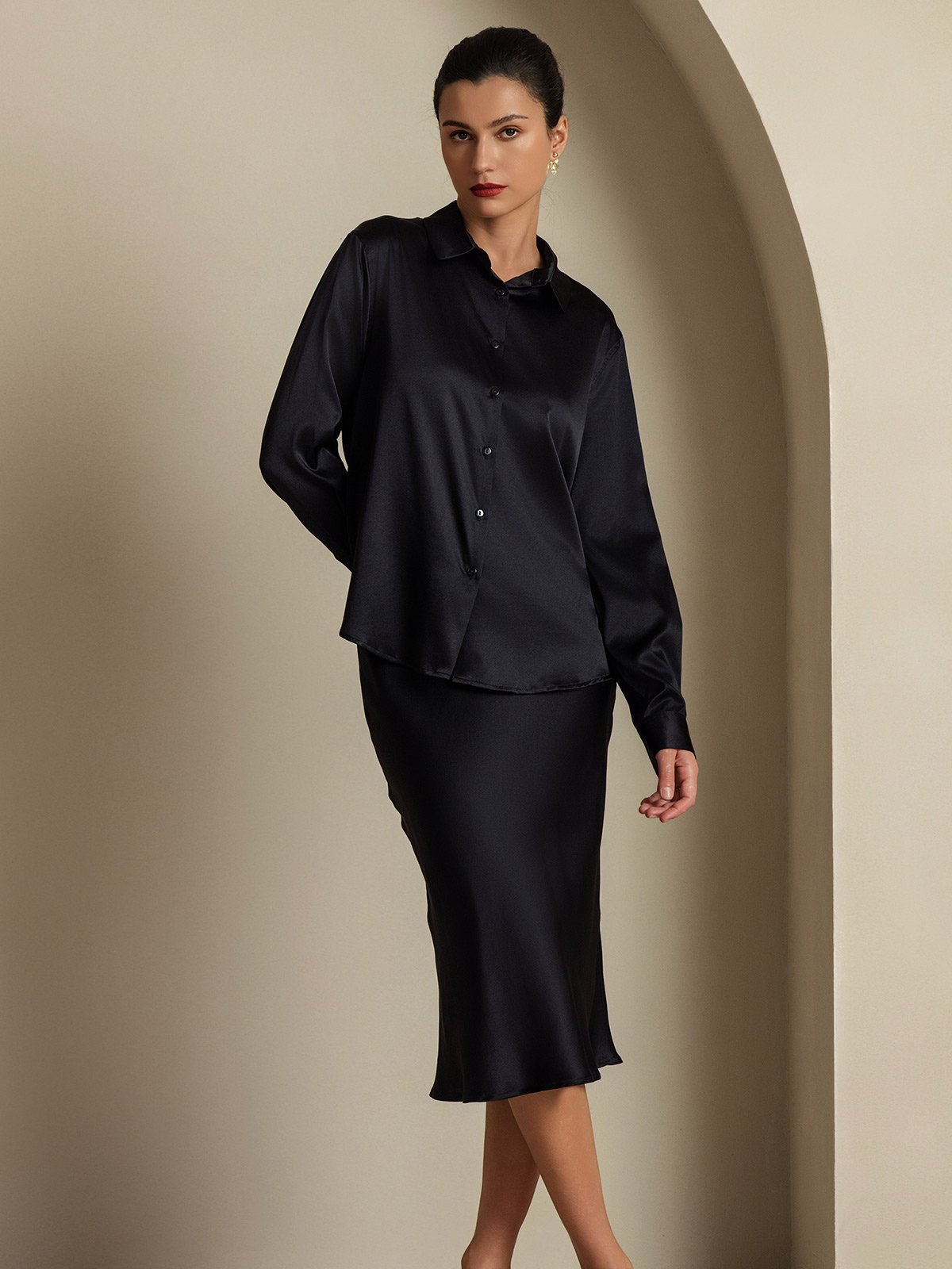 [Nero] SilkSilky-IT 19Momme Seta Colletto risvolto Women''s Outfit Sets 005,