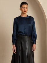[Blu Scuro] SilkSilky-IT 19Momme Long Sleeve Round Neck Camicette 001