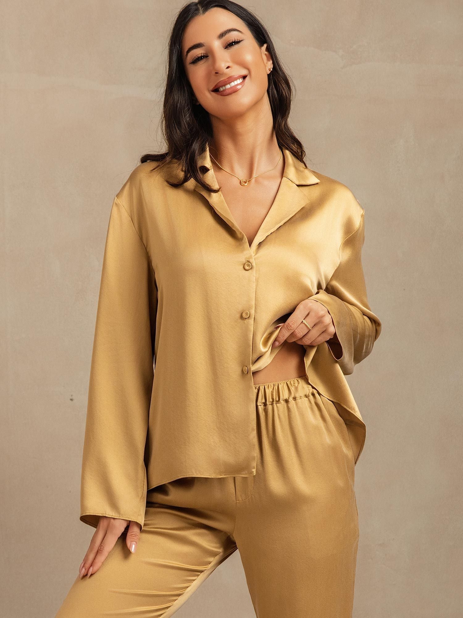 [MarroneChiaro] SilkSilky-IT 19Momme Seta Scollo a V dentellato Pigiami da donna 007