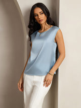 [Blu Grigiastro] SilkSilky-IT Cap Sleeve Round Neck Magliette donna 004