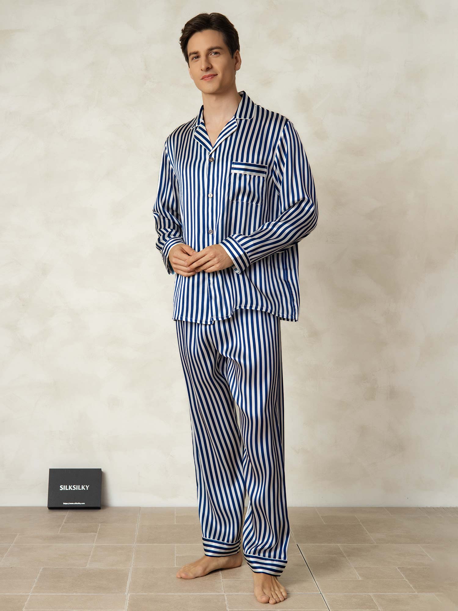 [Righe Navy] SilkSilky-IT 19Momme Seta pura Mens Pajamas 003