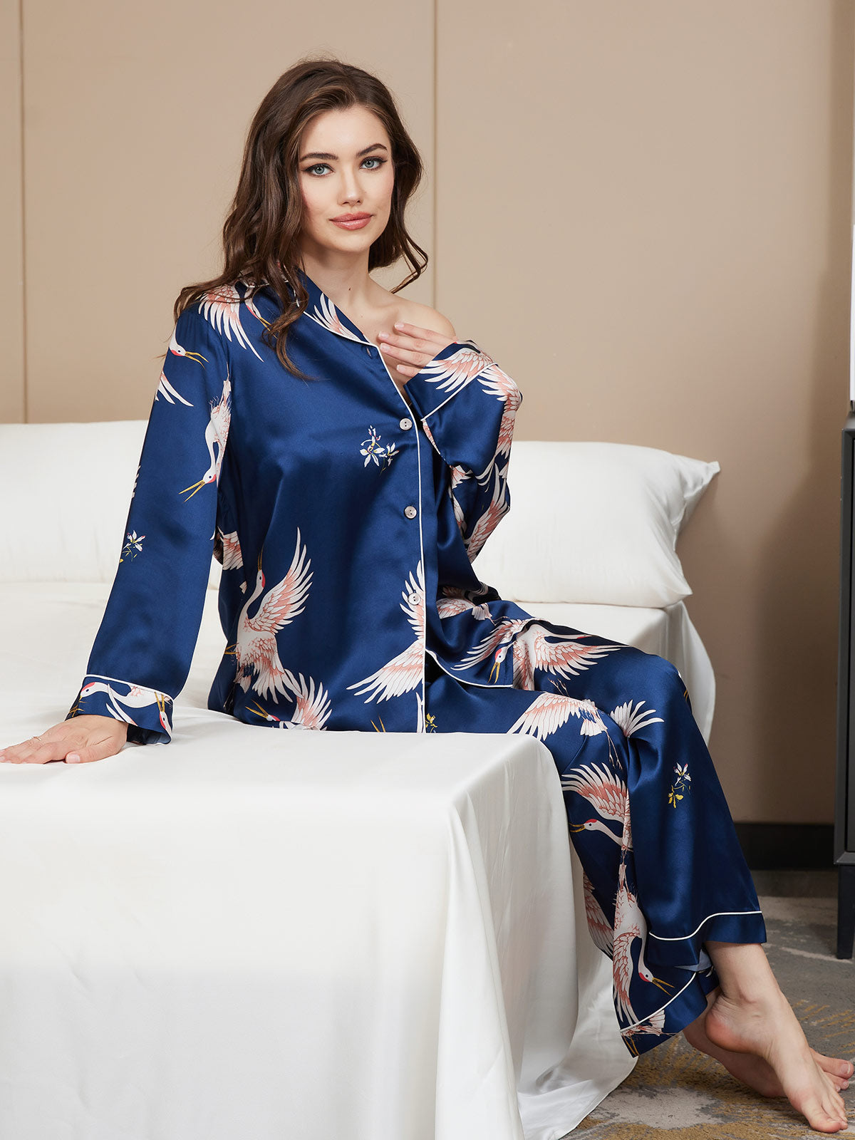 [Blu Scuro] SilkSilky-IT 19Momme Seta pura Womens Pajamas 006,