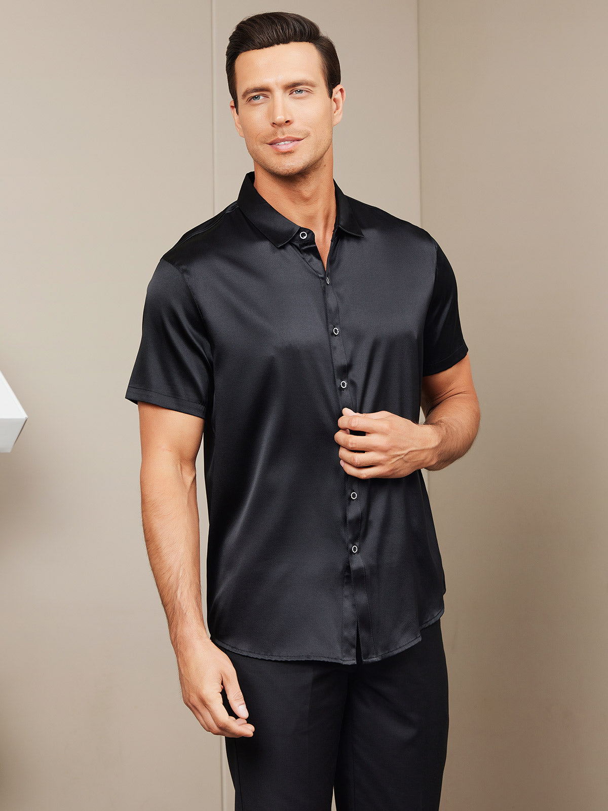 SilkSilky-IT-Seta-Maniche-Corte-Colletto-risvolto-Camicia-da-uomo-Nero-004