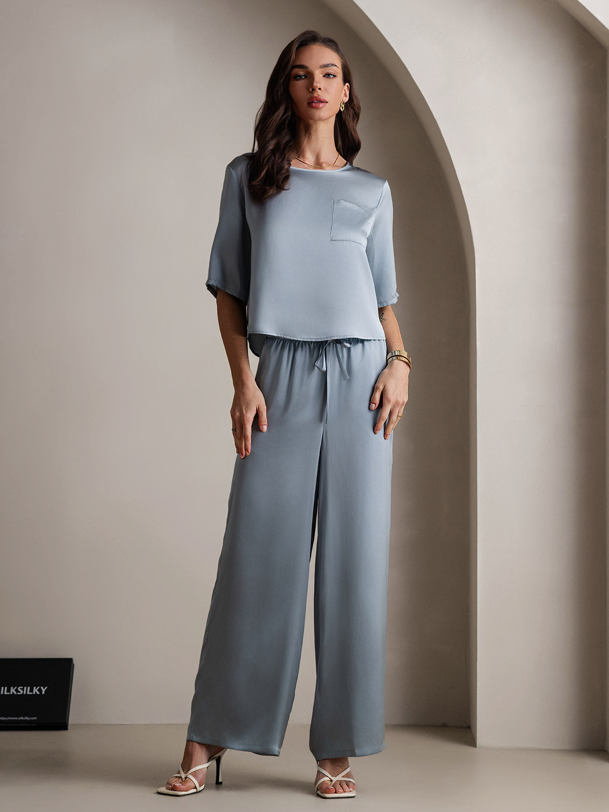 [Blu Grigiastro] SilkSilky-IT Seta pura Womens Pajamas 003