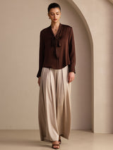 [Cioccolato Fondente] SilkSilky-IT Long Sleeve Tie Neck Bluse 005