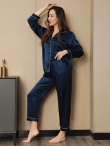 [Blu Scuro] SilkSilky-IT Manica lunga Collo a Taglio Pigiami da donna 006