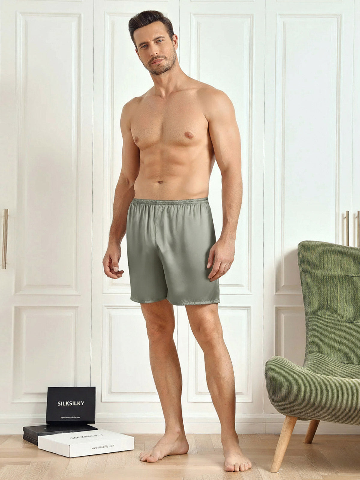 [Verde Grigiastro] SilkSilky-IT Seta pura Mens Sleep Bottoms 005
