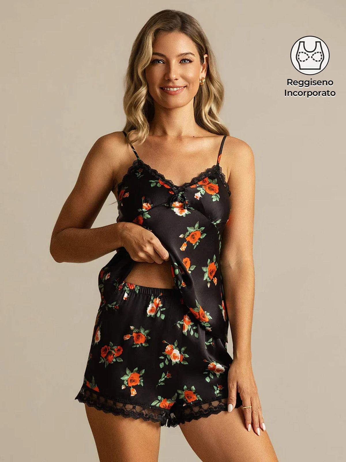 Set Camisola in Seta Pura con Stampa Floreale, Spalline Spaghetti, con Bra Integrato