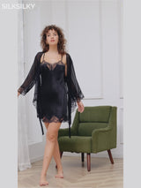SilkSilky-IT Seta pura A tre quarti Nightgown&Robe Set-video-001
